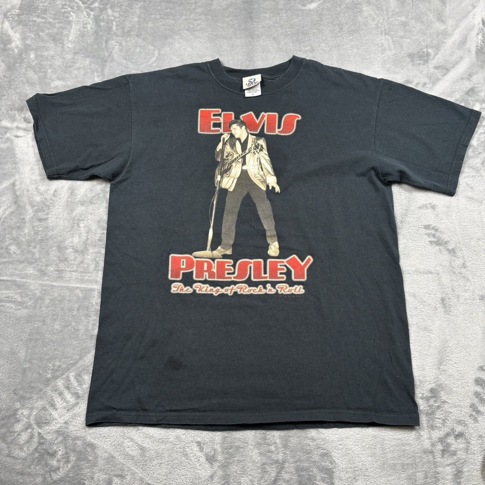 Vintage Y2K Elvis Presley King of Rock And Roll Shirt Large Black Liquid-Blue - Picture 1 of 5